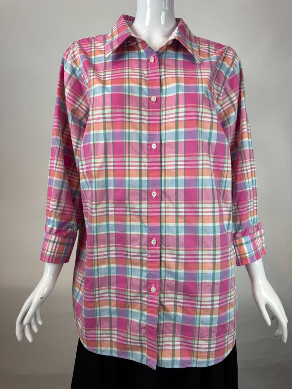 Chaps Womens Plaid No-Iron Button-Up Shirt 1X Cotton Pink Multicolor